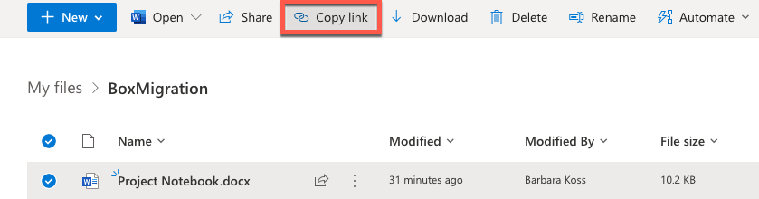 Box migration folder with Copy link button highlighted