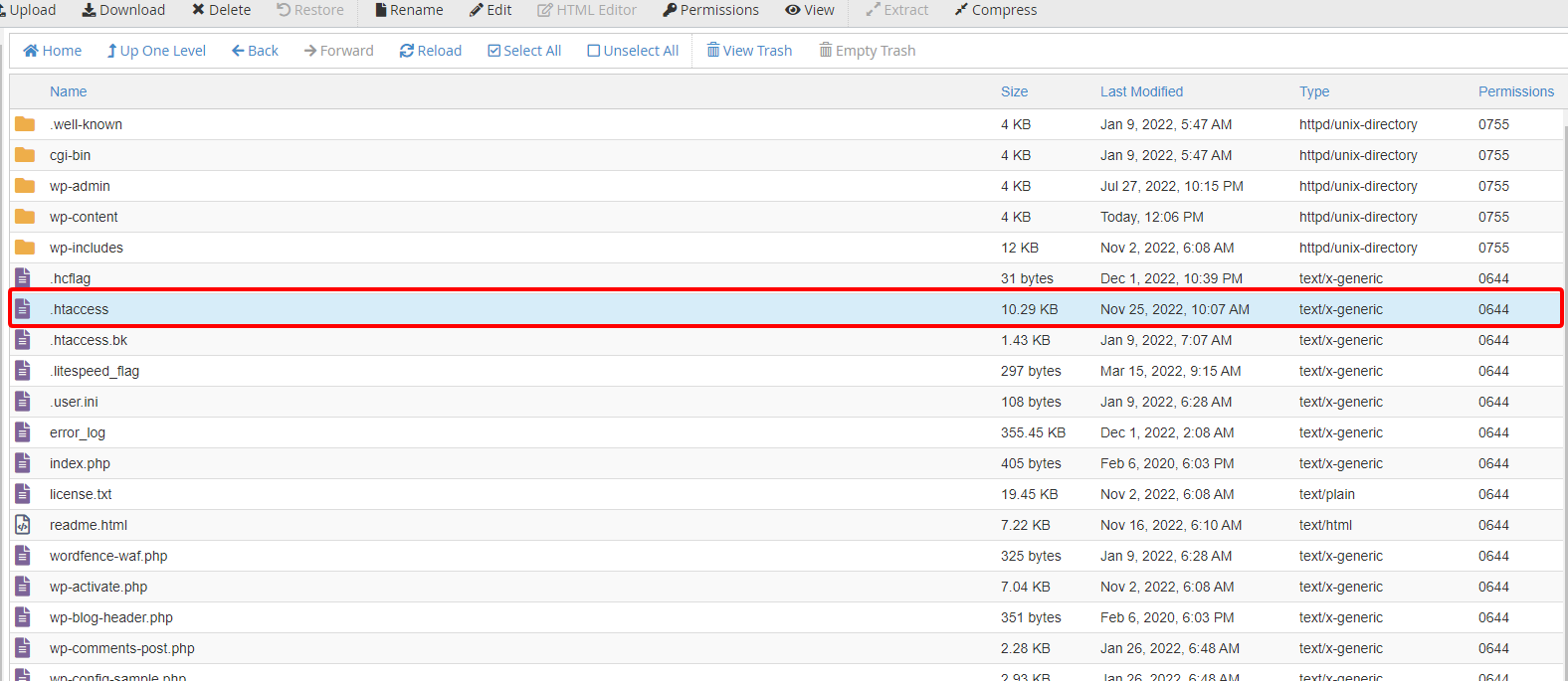 locating the .htaccess file in file manager