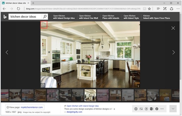 Пример поиска в Bing «идей декора кухни» должен продемонстрировать новые возможности визуального поиска этой системы