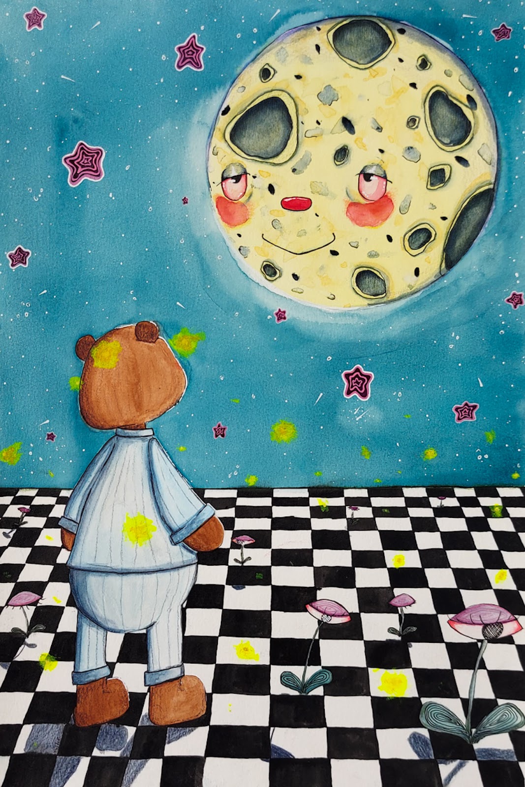 A bear in pjs gazes up at the moon who smiles back.  A starry sky surrounds the moon and the ground is a checkerboard design with flowers
