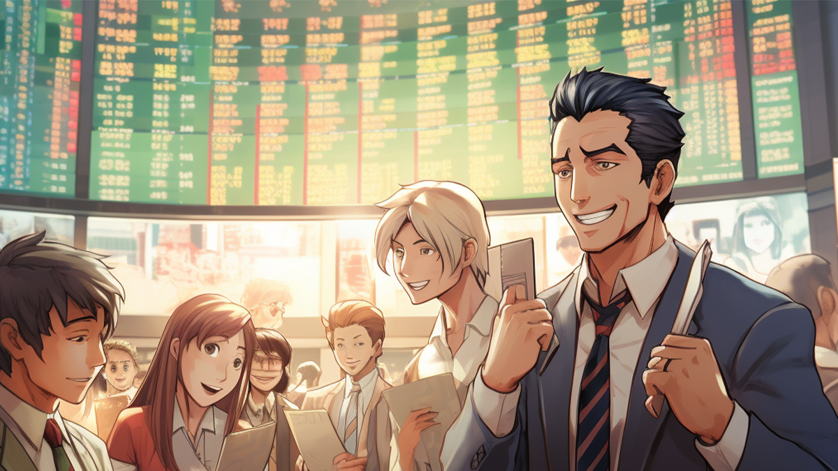 animated scene from a trader market with large screens in background