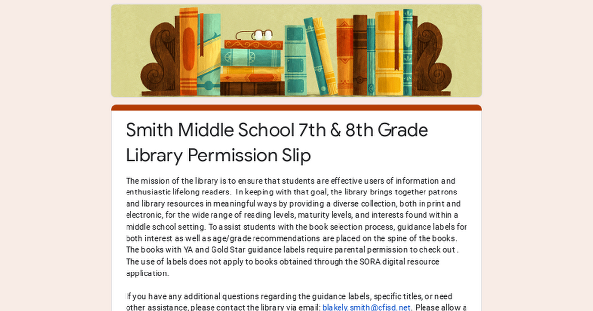 Smith Middle School 7th & 8th Grade Library Permission Slip