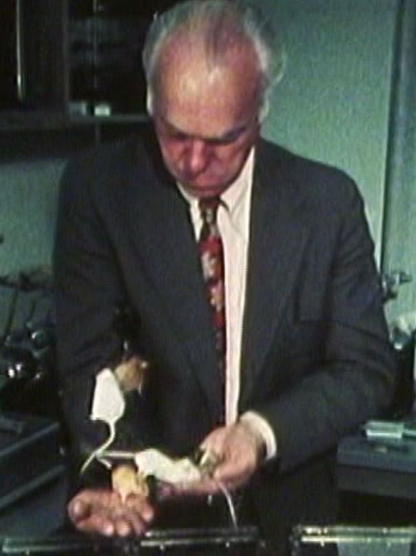 Dr. Clem Markert holding some mice.