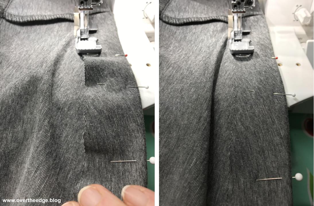 easing the curved raw edge of a casing using a serger