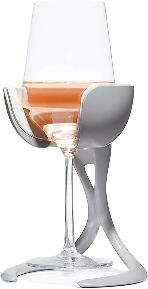 a wine glass attached to a wine cooling cradle