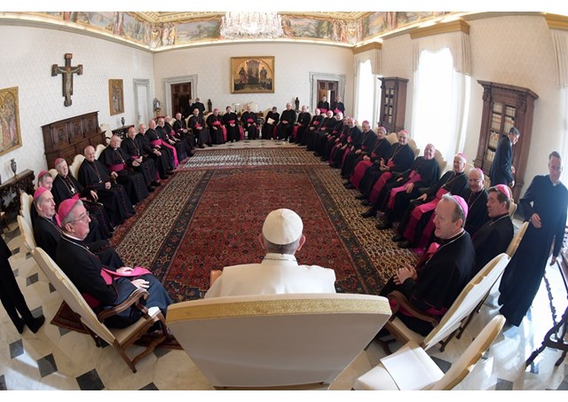 Pope Francis meets with the Bishops of Ireland in the Vatican.