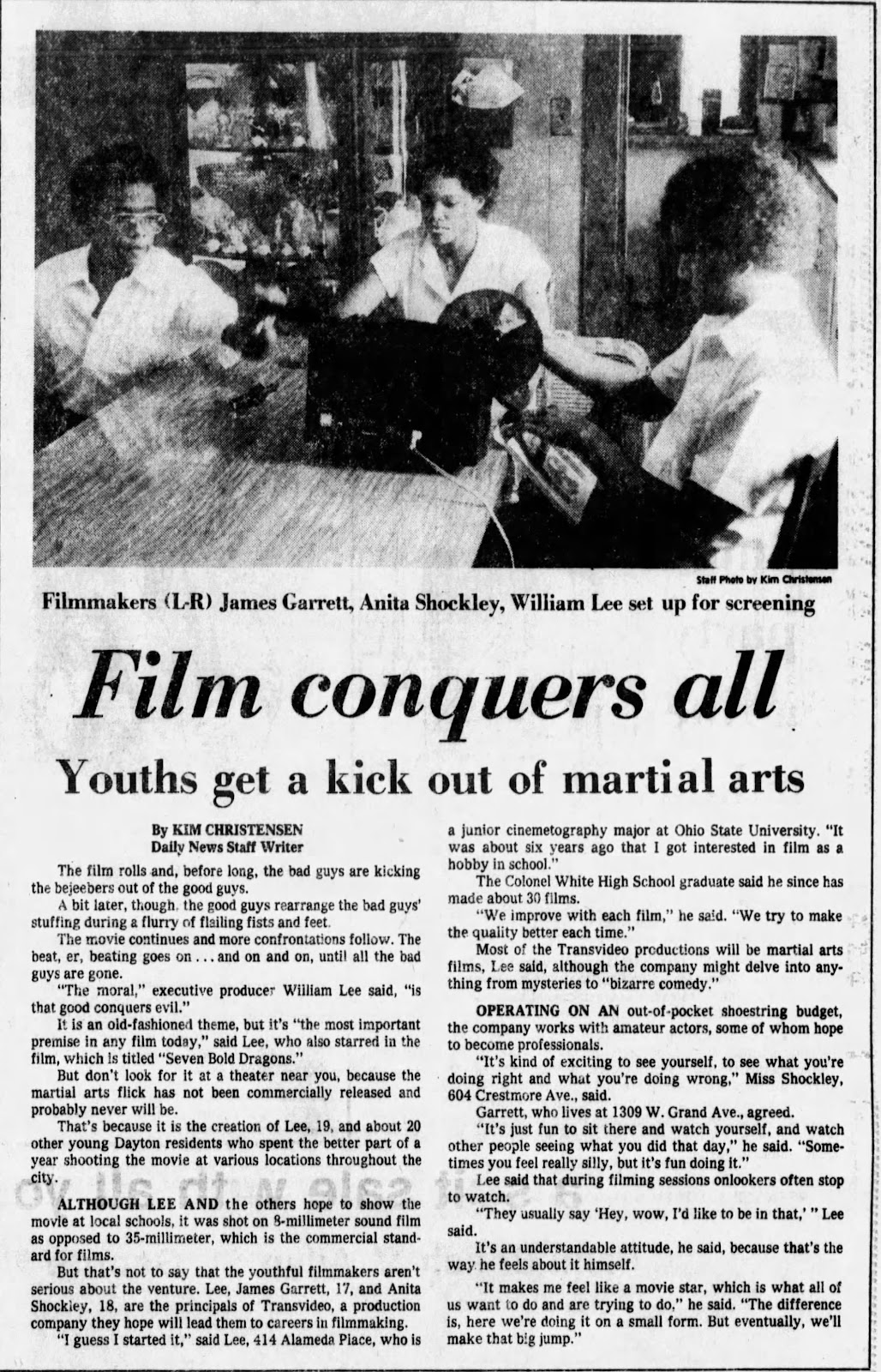 Film Conquers all - Youth get a kick out of martial arts - 70's newspaper article by Kim Christensen Daily News Staff Writer featuring William Lee, James Garrett and Anita Shockley