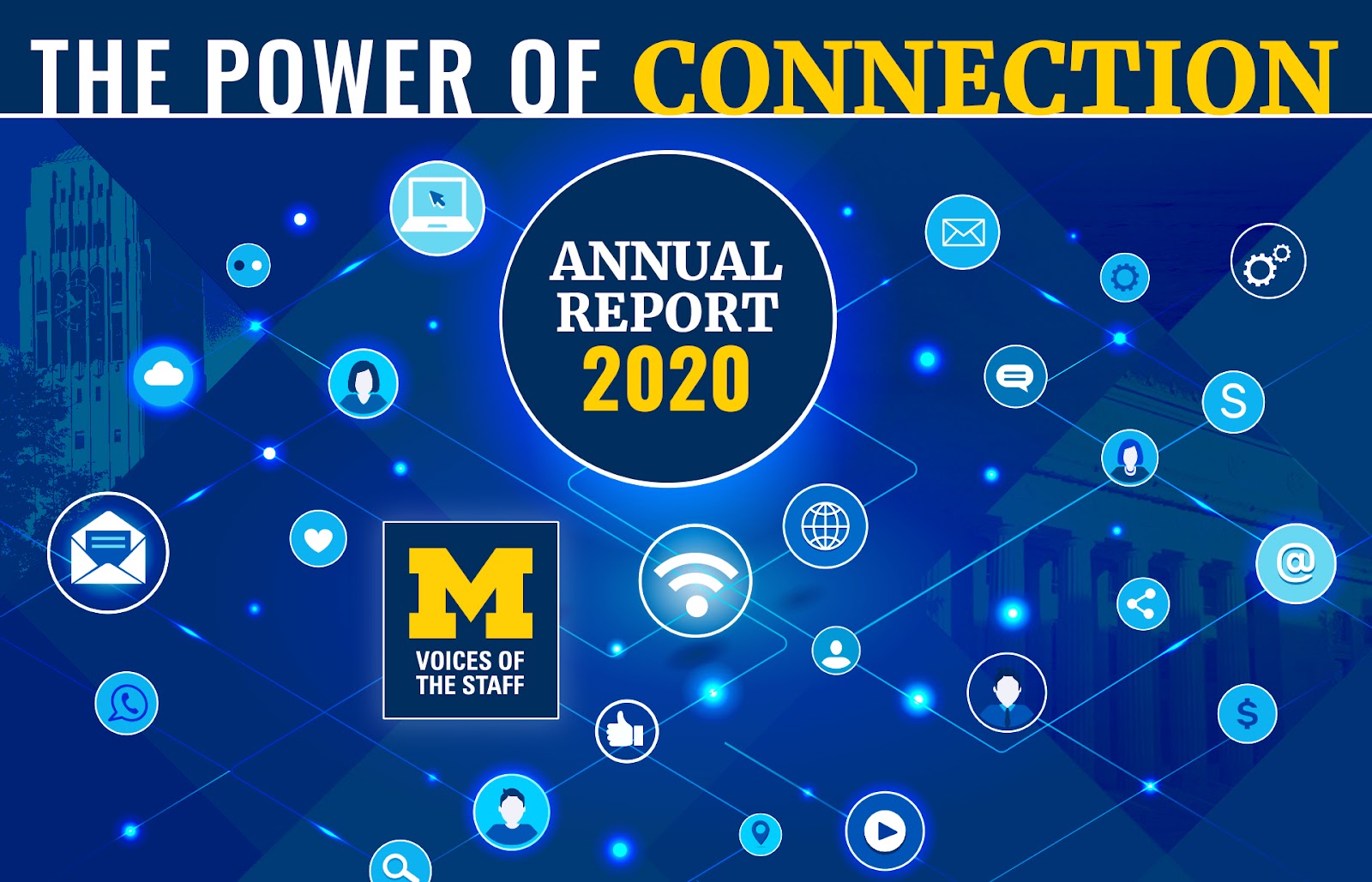 Blue Background with interconnected circles. One large circle in the middle with typography, “The Power of Connection” and the Voices of the Staff Logo