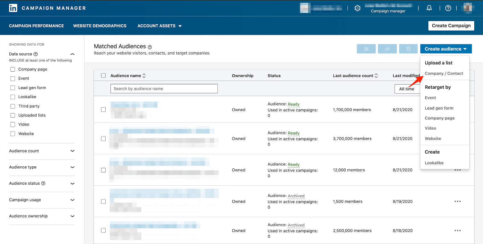 Screenshot of the 'Company / Contact' selection of the "Create Audience" dropdown of LinkedIn's Campaign Manager.