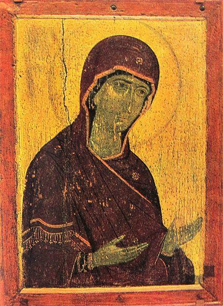 Icon painting of the Virgin Mary. It is not very colorful, but the background may be made of gold.