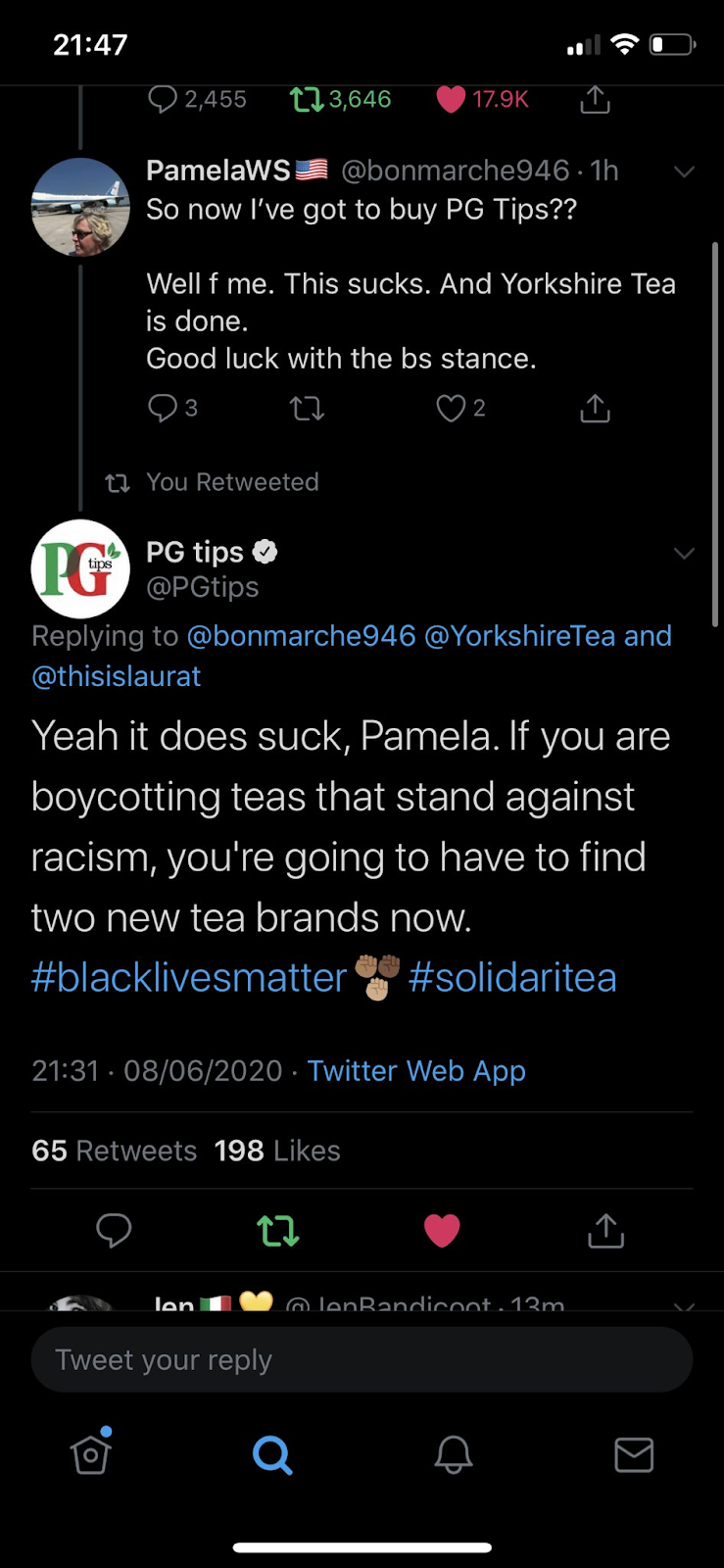 Imagw of PG tips tweeting to taking a stand against racism during the BLM movement. 