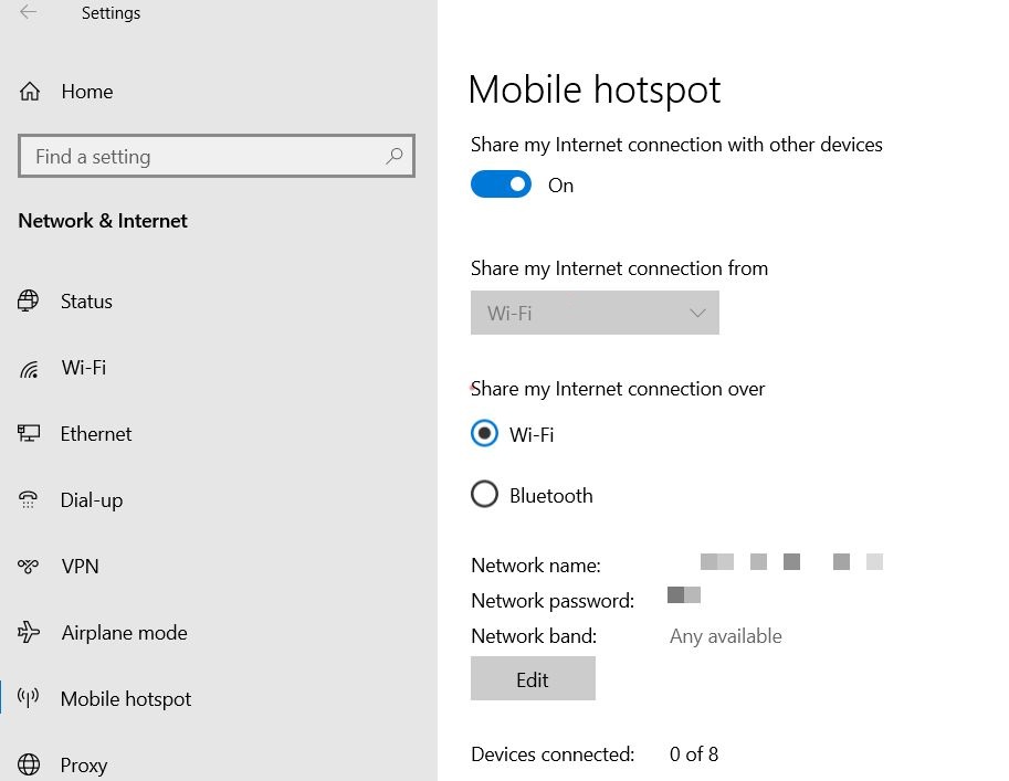 Windows Mobile Hostspot sharing settings screen