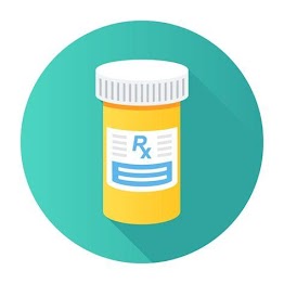 [Image is an orange pill bottle with a white lid and a sticker that says "Rx" in blue.The background is a teal circle.]