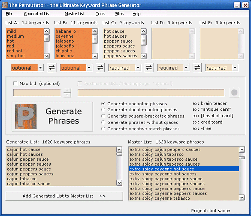 Screenshot of the Permutator SaaS tool for keywords