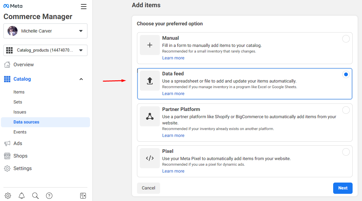 Select data feed to add WooCommerce products to Facebook Shop