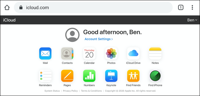 The iCloud dashboard on Android, shown in Desktop view mode