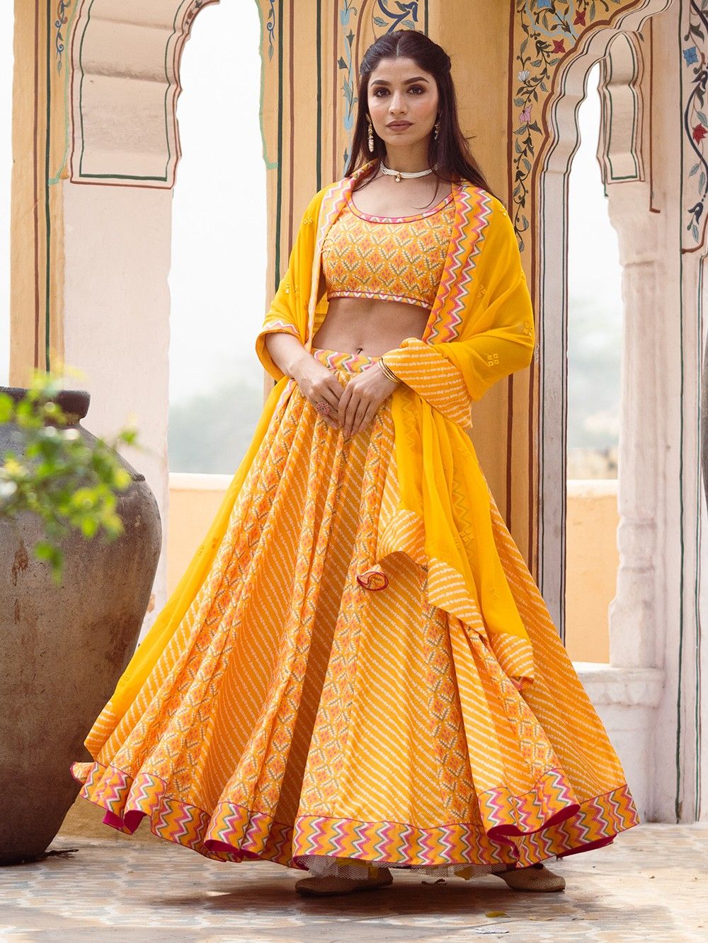 the loom - Yellow Printed Cotton Silk Blouse with Lehenga