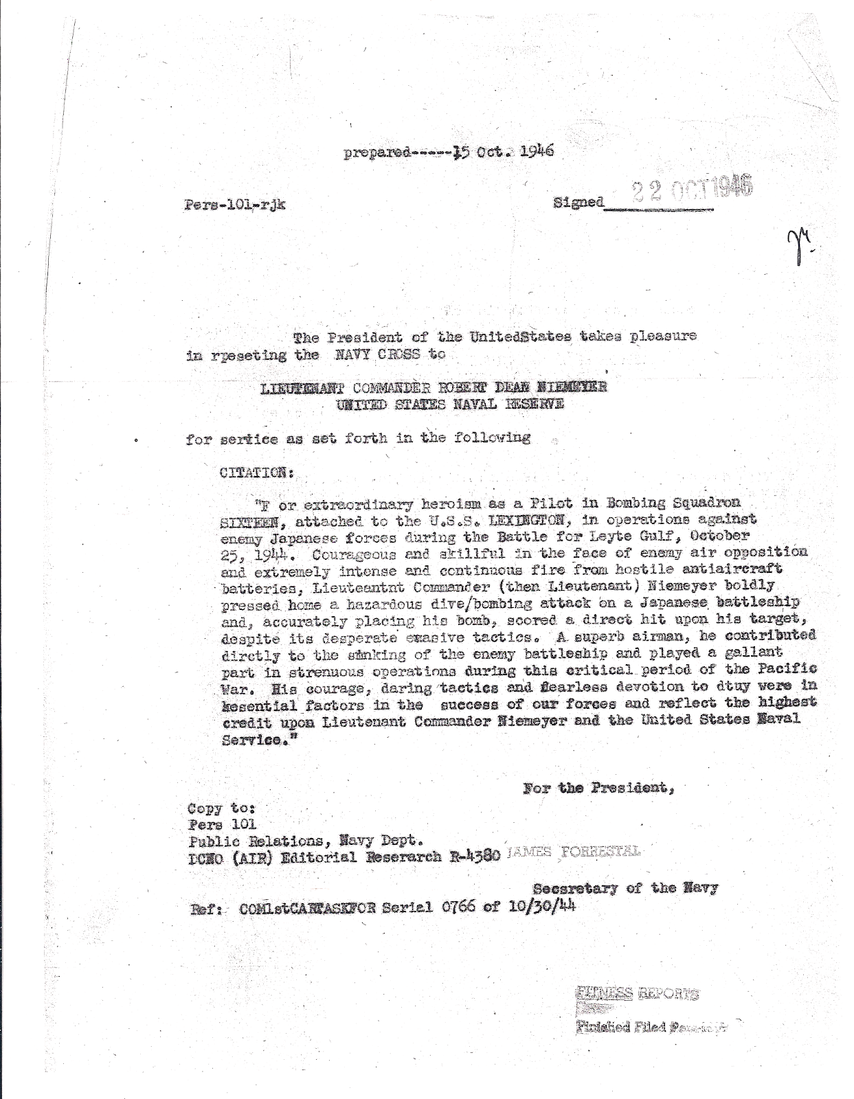 Robert D Niemeyer Navy Cross Citation 22 Oct 1946.png
