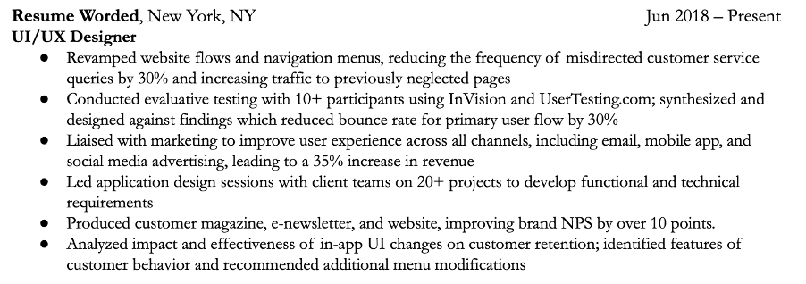 Example of a resume work experience section with bullet points that emphasize creativity skills