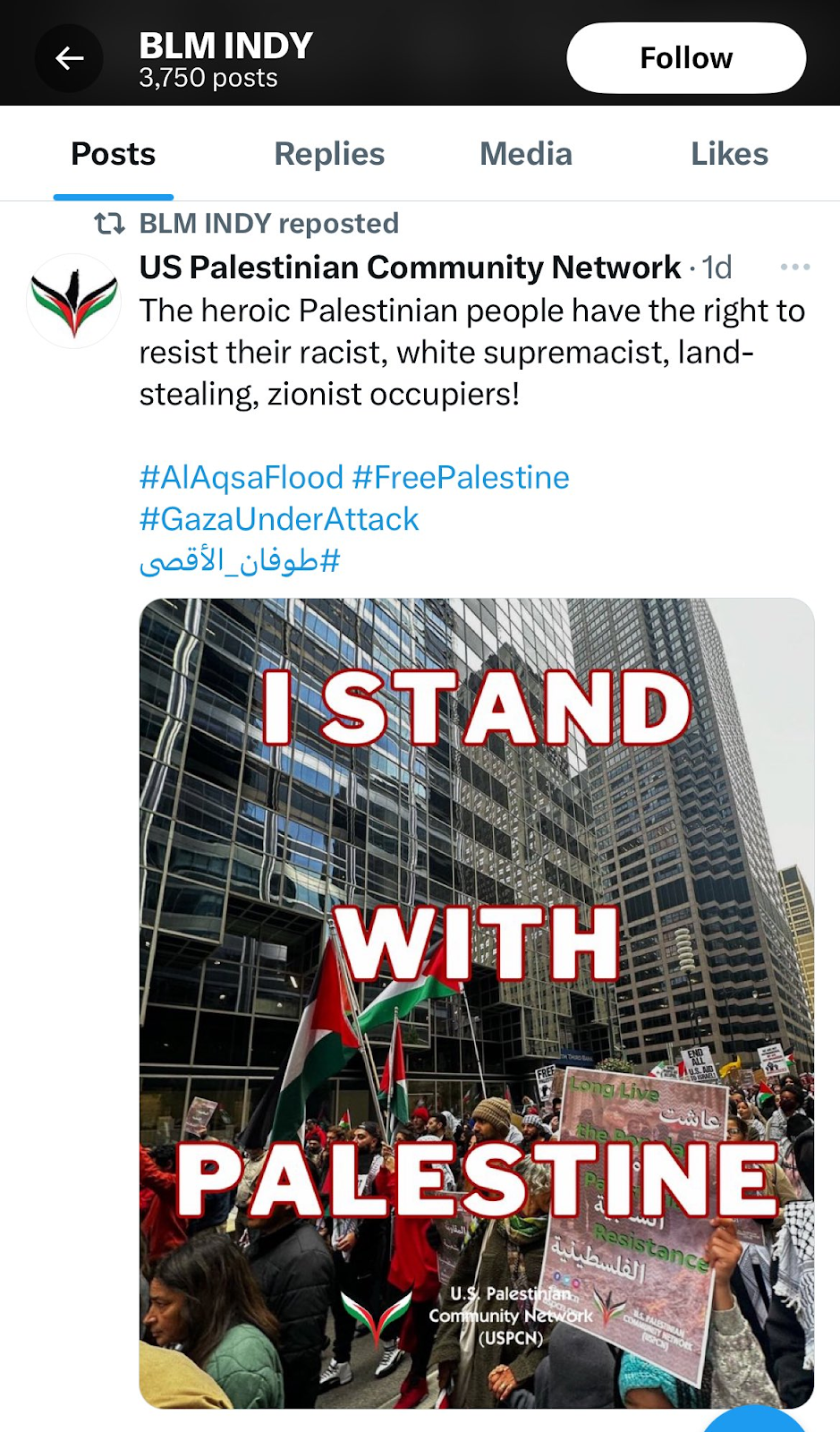 ‘I Stand With Palestine’: BLM in Chicago, Indianapolis Blasted for Celebrating Hamas’ Violence