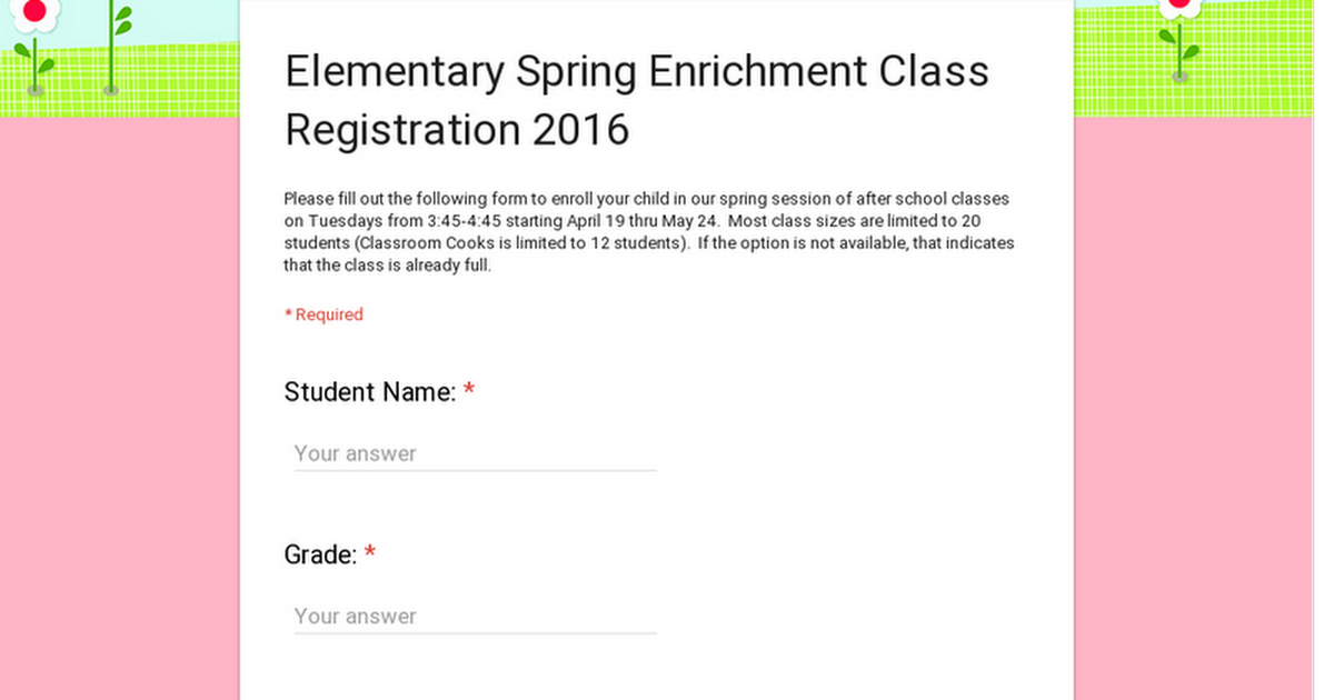 Elementary Spring Enrichment Class Registration 2016