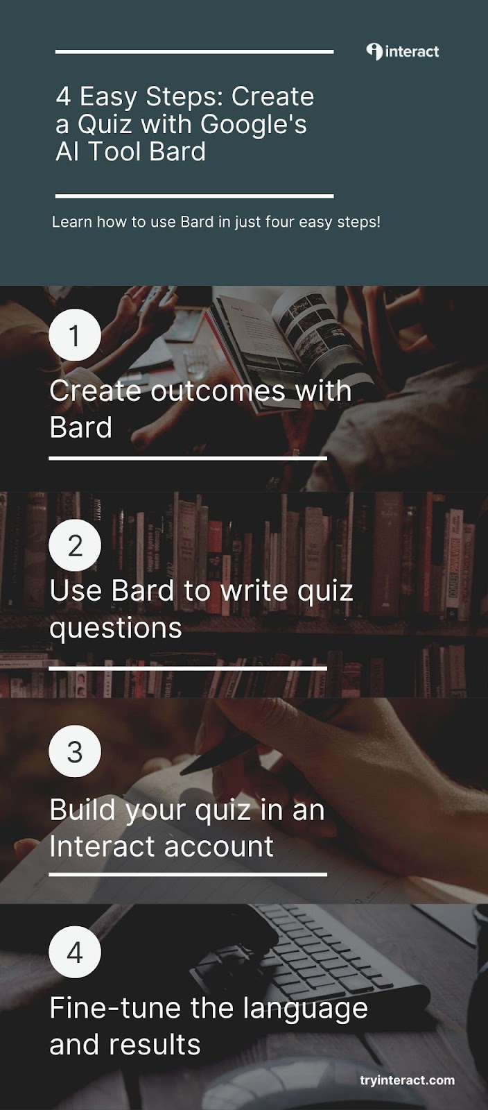 4 easy steps to create a quiz with Google's AI tool, Bard:
1. Create outcomes with Bard
2. Use bard to write quiz questions
3. Build your quiz in an Interact account
4. Fine tune the language and results