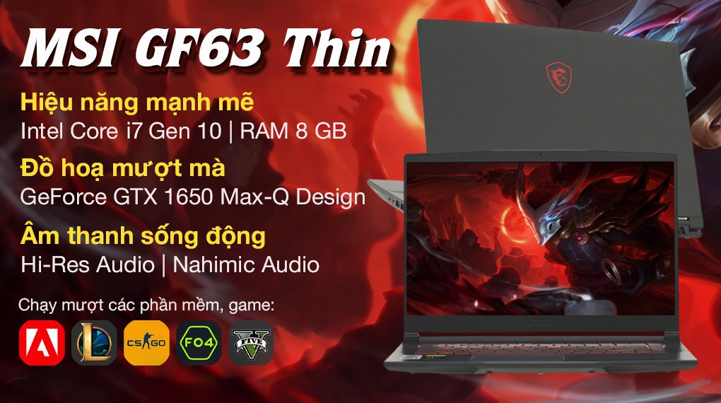 Laptop MSI Gaming GF63 Thin 10SC i7 10750H (480VN) chính hãng