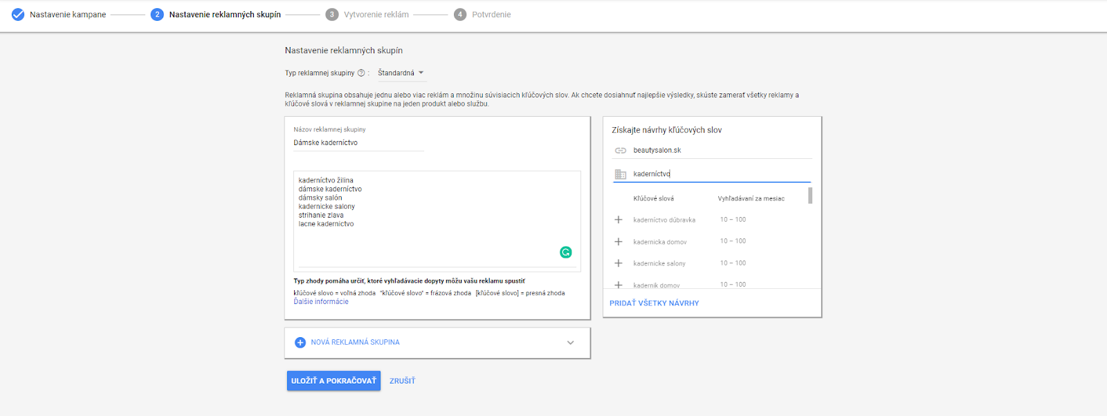 Pridanie kľúčových slov do reklamných skupín 