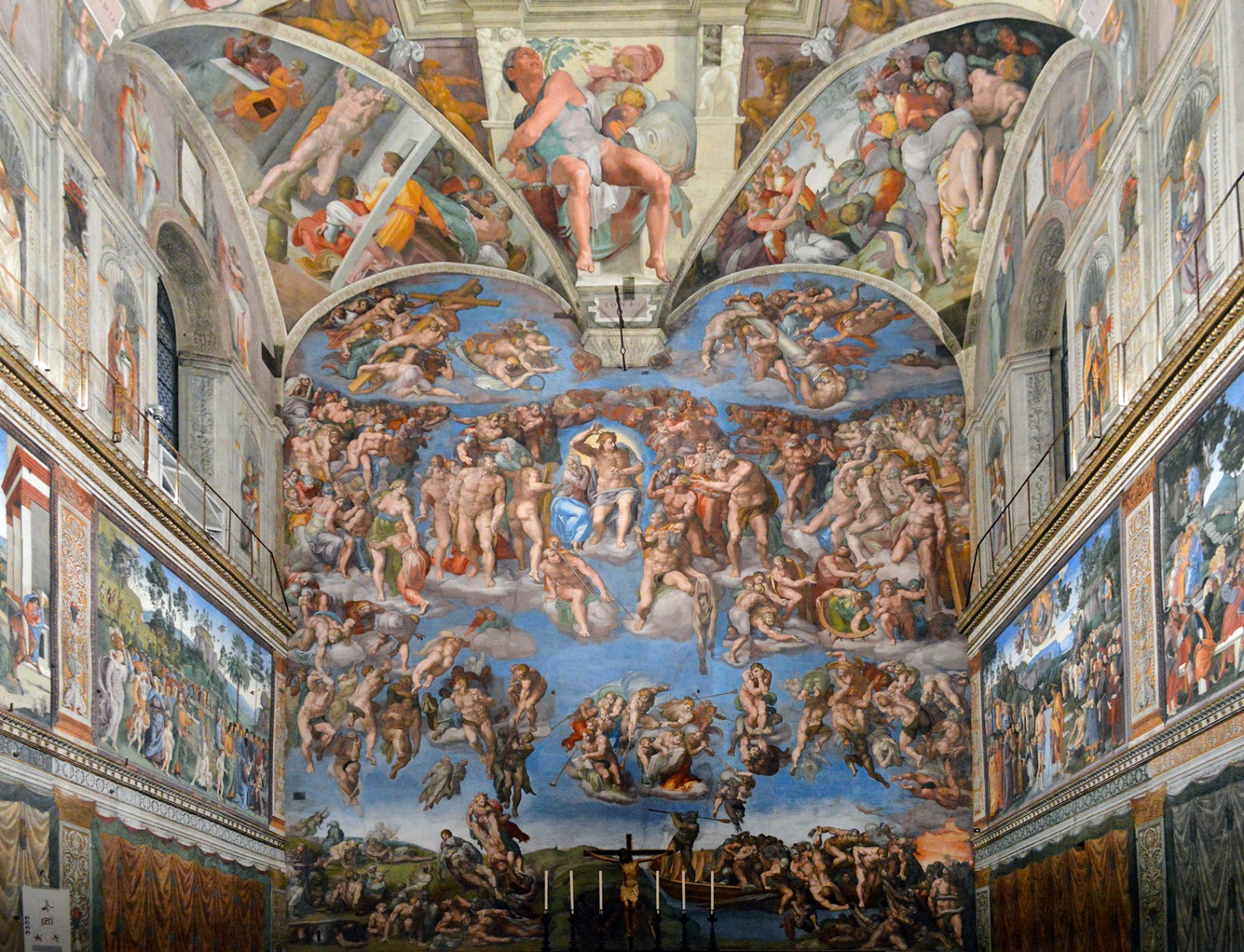 Last Judgment, Sistine Chapel 1534–41, Michelangelo. The ceiling and walls of the Sistine Chapel are covered with figures in heaven and on earth. 