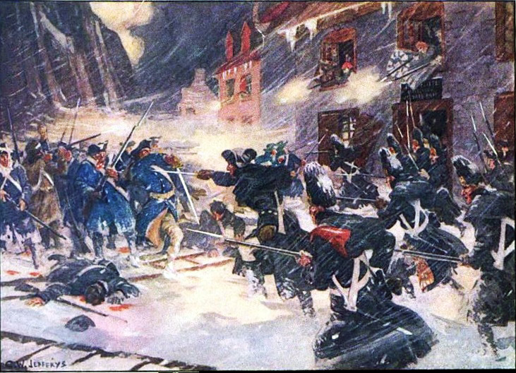 In this street battle scene, blue-coated American and British troops face each other in a snowstorm. The high city walls are visible in the background to the left, and men fire from second-story windows of buildings lining the narrow lane.  A body and scaling ladders lie in blood-stained snow in the foreground.