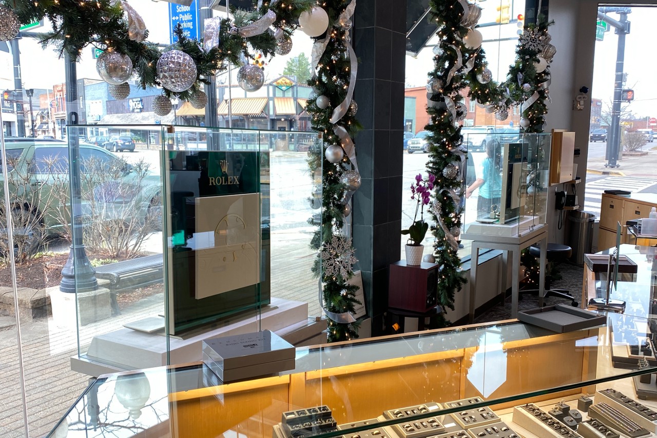 holiday decorations behind display cases in Brighton, Michigan