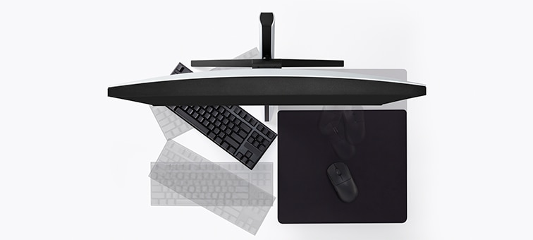 Top shot of INZONE M3 showing multiple positioning of keyboard and mouse mat