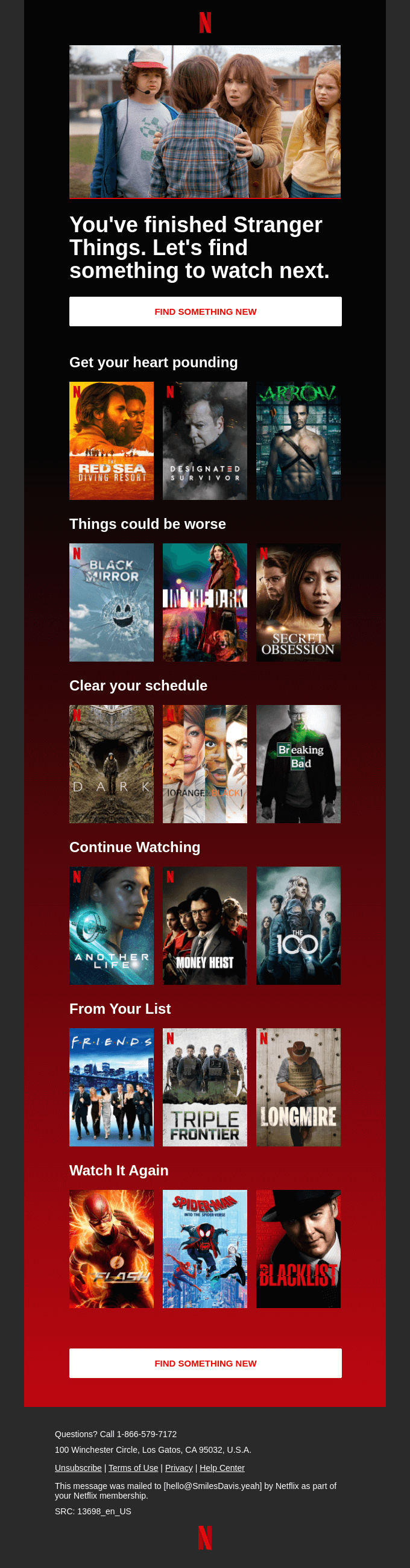 Netflix recommending programs similar to Stranger Things email