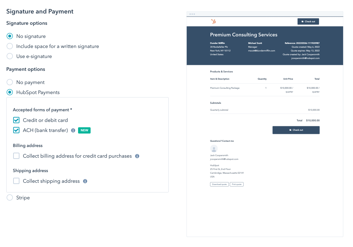 Accepted payment types in Hubspot