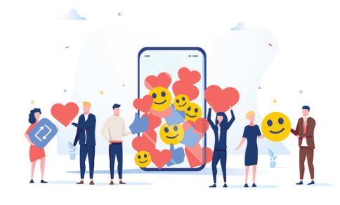 The screen of the Smartphone is full of love and smiley emojis.  Few of the men and women holds love and reblog emojis.