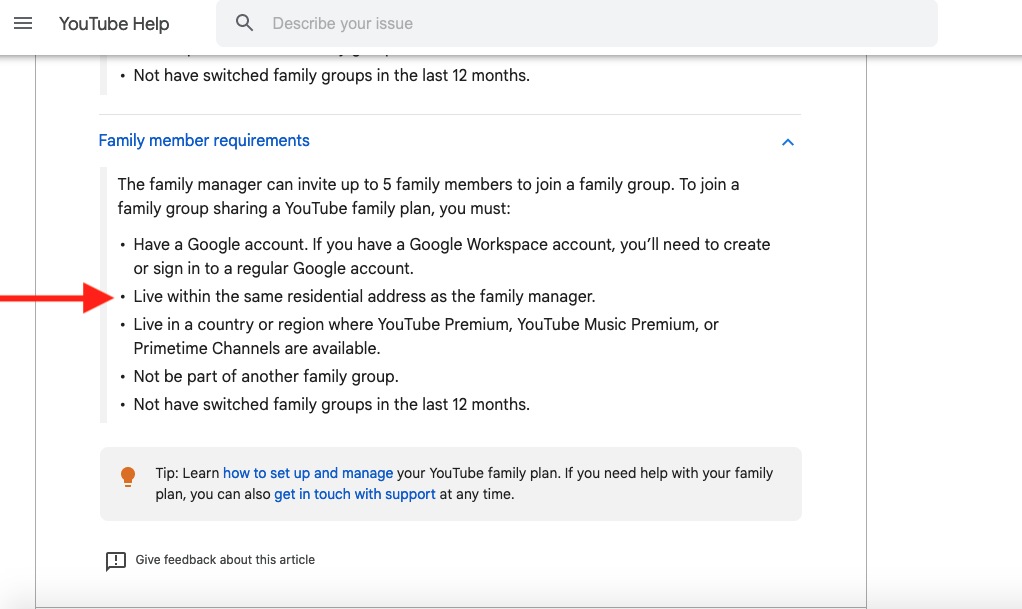 YouTube TV family member requirements