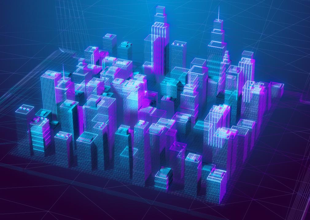 A virtual city rendered in teal in purple in the inside the metaverse.