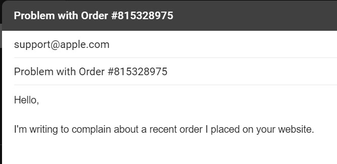 A screenshot of an email showing the order number in the subject line.