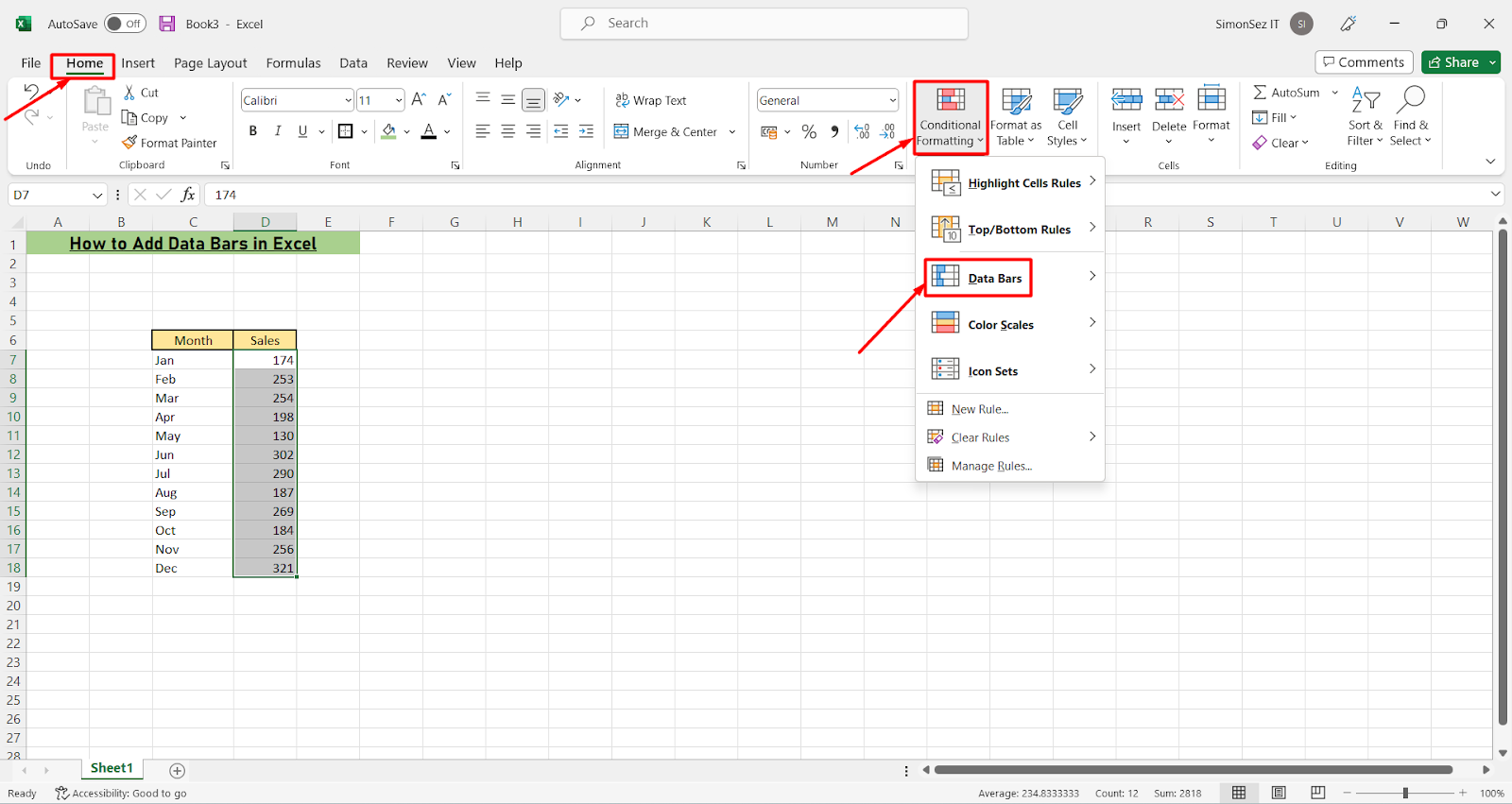 How to Add Data bars in Excel- Data bars under conditional formatting