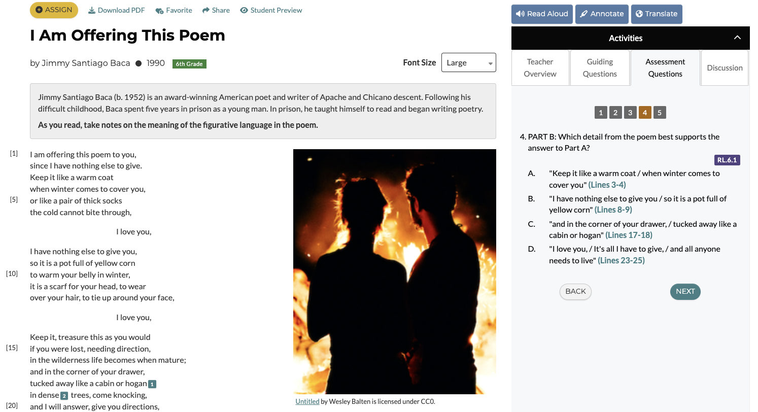  Screenshot of a poem on love called “I am offering this poem”. On the right side there are scaffolded Assessment Questions.