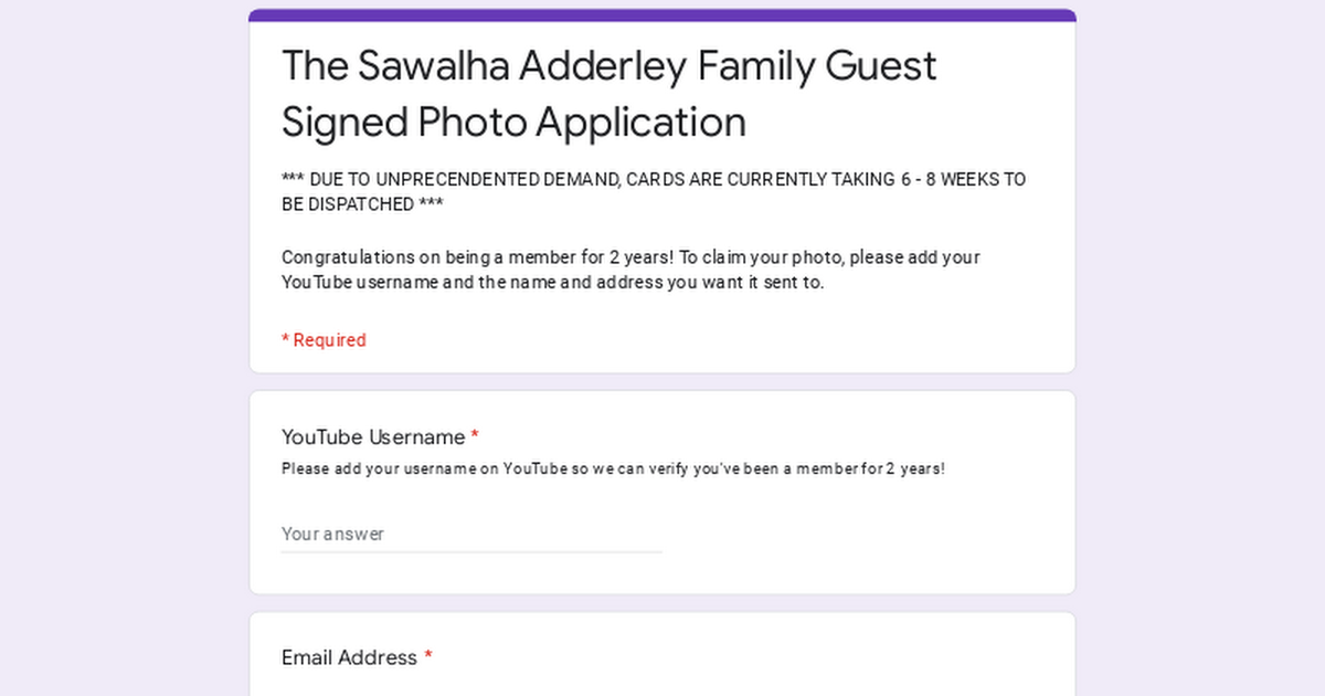 Ready go to ... https://forms.gle/8eCd7jQS4GwFYZHH9 [ The Sawalha Adderley Family Guest Signed Photo Application]