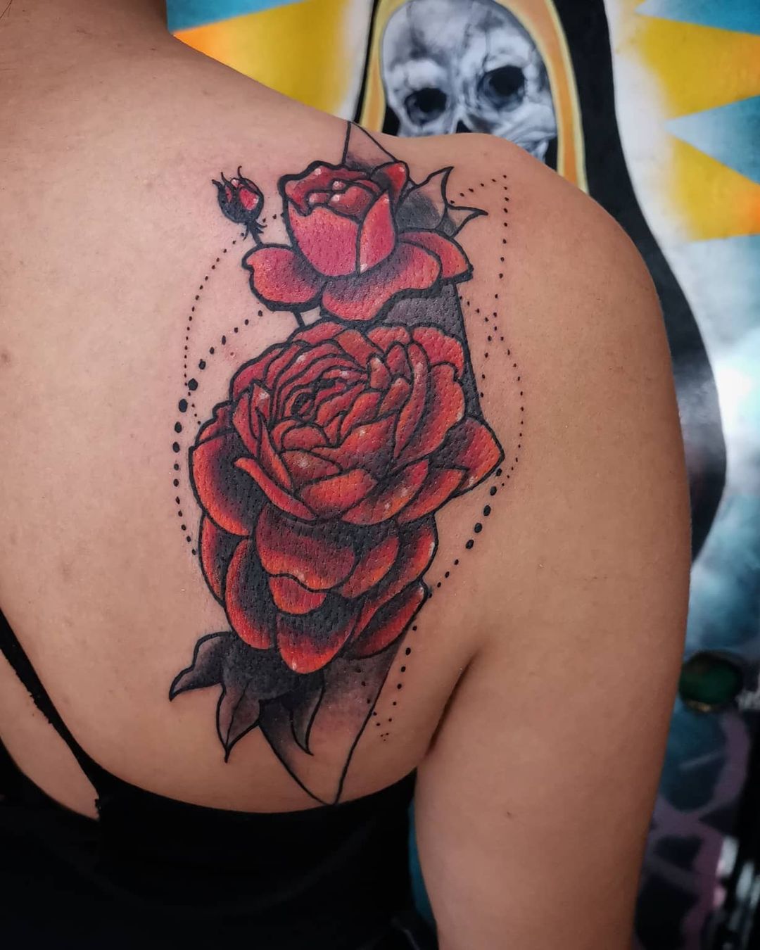 Red Rose Tattoo On Shoulder Back
