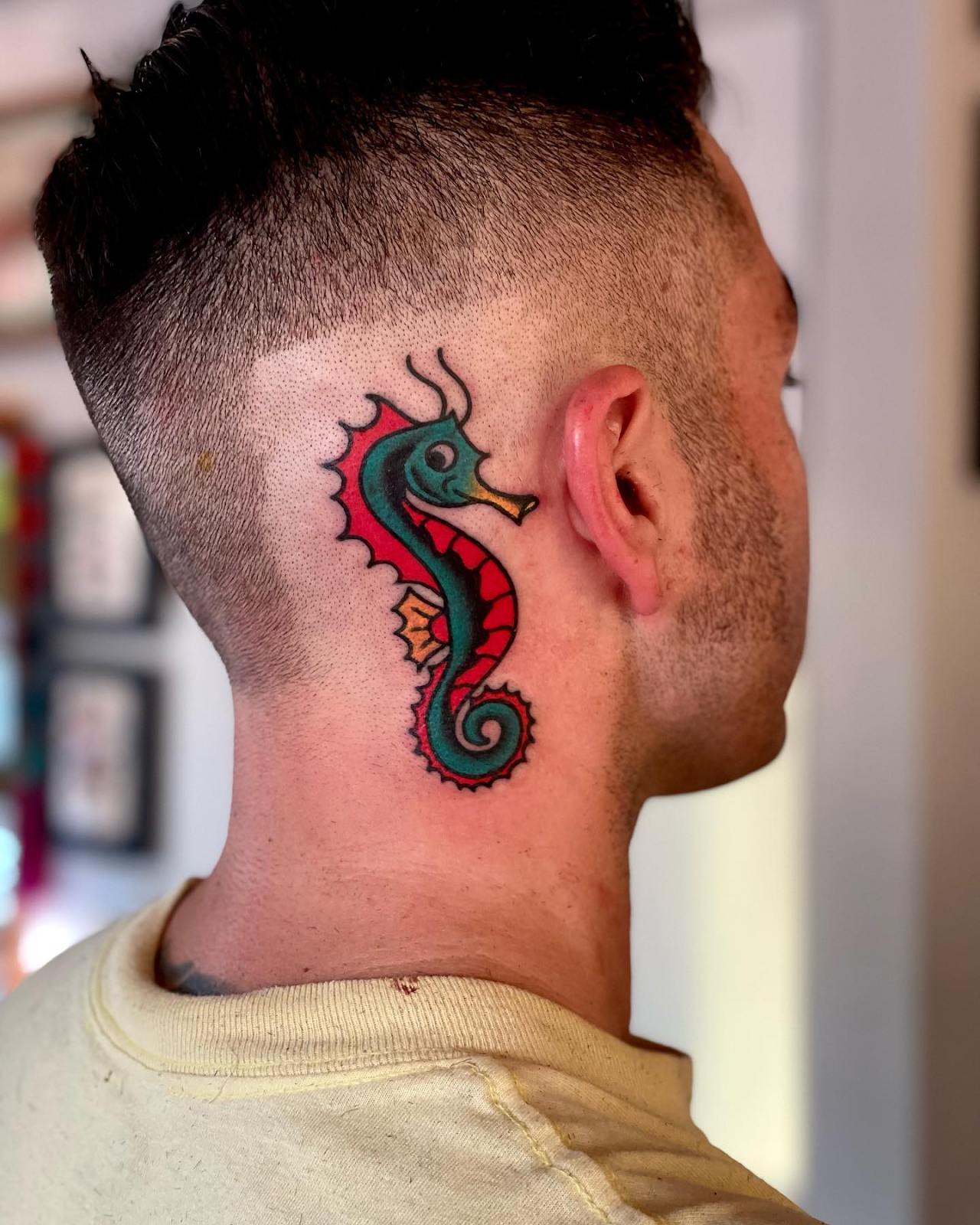 Neo-Traditional Seahorse Behind The Ear Tattoo