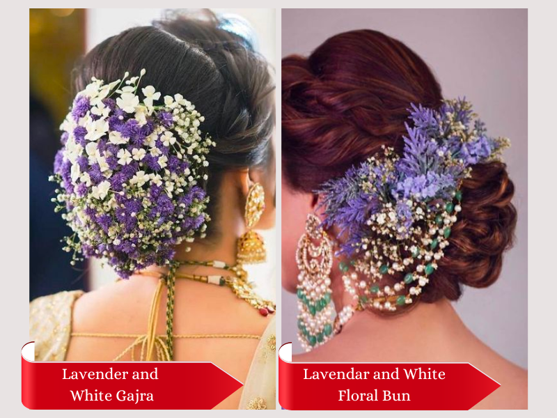 Lavender and White Gajra, and Lavender and White Floral Bun Hairstyle for Indian Brides