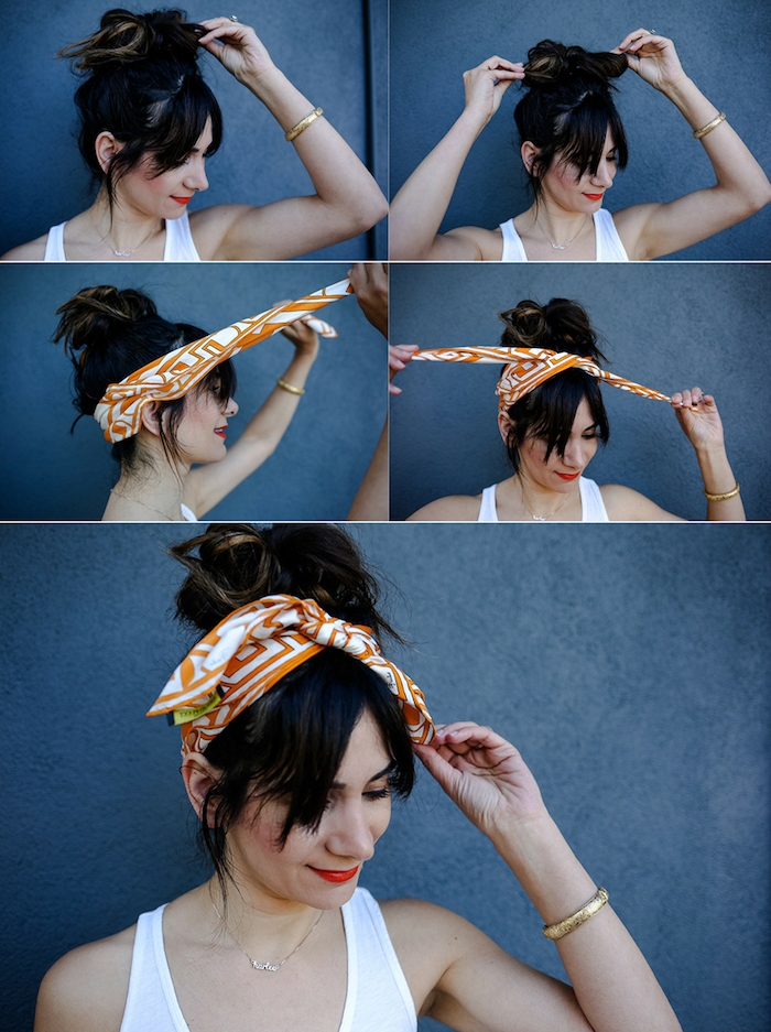 Messy Dutt mit Bandana, coole Frisuren mit Bandana, Anleitung Schritt für Schritt 