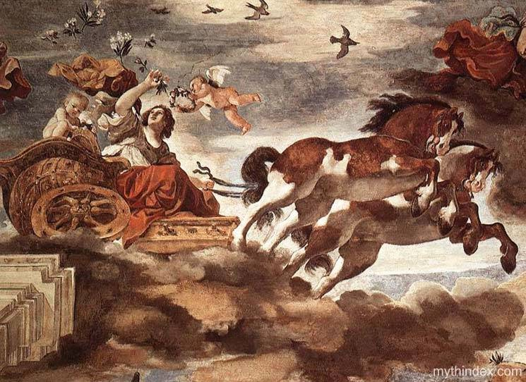 In this illustration, Eos rides on a golden chariot pulled by two brown and white horses. Eagles and cherubic babies fly alongside Eos as they soar through the sky.