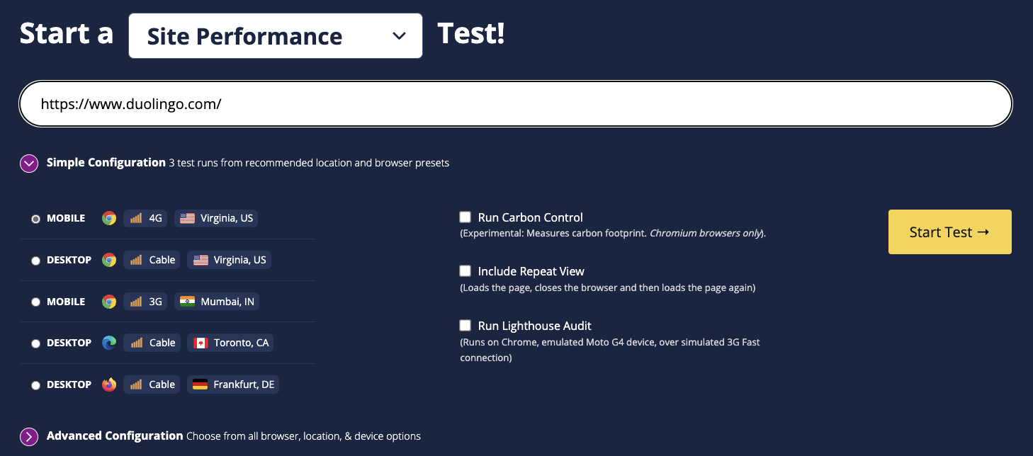 Page Test - Site Performance