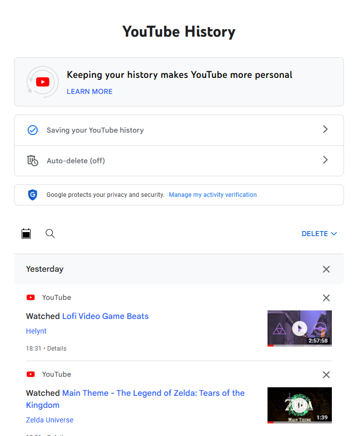 "YouTube history" section in Google Account