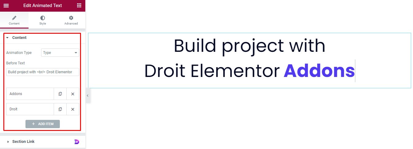 Droit Animated Text widget's content edit menu 