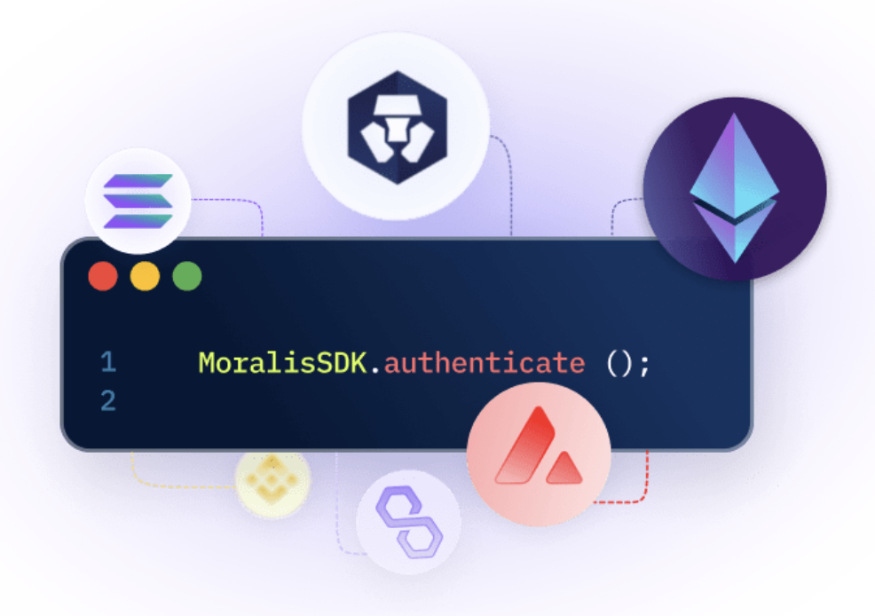 The MoralisSDK.authenticate crypto wallet integration code snippet inside a code editor.